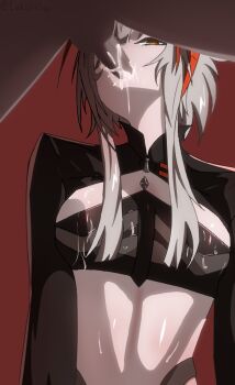 1boy 1girl antennae arknights artist_name breasts censored clothed_female_nude_male completely_nude cum cum_in_mouth dark-skinned_male dark_skin demon_girl demon_horns ejaculation evalithfog fellatio from_below grey_hair hetero horns interracial long_hair long_sleeves looking_at_viewer looking_down mosaic_censoring narrowed_eyes nude oral orange_eyes pale_skin penis red_background red_horns saliva shadow shiny_skin sidelocks small_breasts small_penis stomach sweat testicles twitter_username w_(arknights) wis'adel_(arknights)