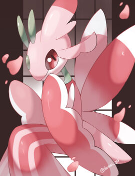 Rule 34 | artist name, brown background, bug, closed mouth, colored skin, commentary request, forehead jewel, gen 7 pokemon, iwasi 29, lurantis, nintendo, outside border, pillarboxed, pink skin, pokemon, pokemon (creature), red eyes, twitter username