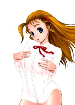 1girl absurdres blonde_hair blue_eyes blush bottomless breasts collared_shirt commentary_request covering_nipples covering_privates cowboy_shot fuurinji_miu hair_ornament hairclip highres large_breasts long_hair long_sleeves looking_at_viewer matsuena_shun mole mole_under_eye official_art open_mouth red_ribbon ribbon school_uniform shijou_saikyou_no_deshi_ken'ichi shirt simple_background solo standing tented_shirt thighs white_background white_shirt