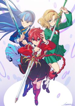 3girls blonde_hair blue_eyes blue_hair blue_hairband blue_skirt bow braid dress escudo_sword_(rayearth) glasses green_eyes hairband highres holding holding_sword holding_weapon hououji_fuu kotatsu_(g-rough) long_hair looking_at_viewer magic_knight_rayearth multiple_girls rapier red_eyes red_hair round_eyewear ryuuzaki_umi school_uniform shidou_hikaru short_hair single_braid skirt smile sword weapon