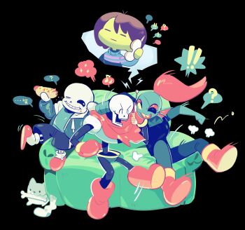! 1girl 1other 2boys =_= ? ^_^ absurdres annoying_dog arm_around_neck black_background black_shorts black_tank_top blue_skin bone boots brothers brown_hair cape closed_eyes colored_skin couch eyepatch fins food food_on_face frisk_(undertale) full_body gogeyama grin group_picture head_fins highres holding holding_food holding_phone hot_dog motion_lines multiple_boys on_couch one_eye_closed one_eye_covered open_mouth papyrus_(undertale) phone puff_of_air red_boots red_cape red_hair sans_(undertale) short_hair shorts siblings sitting smile socks spoken_character spoken_exclamation_mark spoken_question_mark tank_top undertale undyne unworn_socks utdr_(toby_fox) white_skin