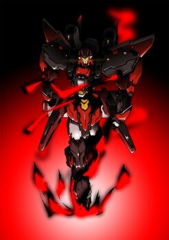 clenched_hands crossed_legs glowing glowing_eyes gradient_background granvang highres mecha no_humans robot science_fiction solo super_robot super_robot_wars super_robot_wars_v walking yellow_eyes zzz_sakaz