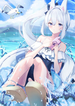 1girl aki_tsune animal_ears bare_shoulders bird blue_archive blue_halo blue_one-piece_swimsuit blue_sky blurry blush bow casual_one-piece_swimsuit cloud collarbone commentary cumulonimbus_cloud day depth_of_field dutch_angle fake_animal_ears feet fish frilled_one-piece_swimsuit frills full_body hair_between_eyes hair_bow hair_intakes halo hands_up highres holding holding_phone knees_up long_hair miyako_(blue_archive) mountainous_horizon ocean official_alternate_costume official_alternate_hairstyle one-piece_swimsuit outdoors parted_lips phone ponytail purple_eyes rabbit_ears sandals seagull shoe_soles sidelocks sitting sky solo swim_ring swimsuit toes very_long_hair water water_drop white_hair