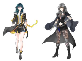 2girls absurdres alternate_costume ankle_boots armor black_armor black_boots black_coat black_gloves black_shorts blue_eyes blue_hair boots breasts chinese_commentary closed_mouth clothing_cutout coat commentary_request cosplay costume_switch crossover dagger female_byleth_(fire_emblem) female_byleth_(fire_emblem)_(cosplay) fire_emblem fire_emblem:_three_houses full_body gloves grey_hair hairstyle_connection hand_on_own_hip highres honkai:_star_rail honkai_(series) knee_boots knees knife looking_at_viewer medium_breasts medium_hair multiple_girls navel navel_cutout nintendo open_clothes open_coat orange_eyes pencil_skirt shirt short_shorts shorts simple_background skirt smile standing stelle_(honkai:_star_rail) stelle_(honkai:_star_rail)_(cosplay) thigh_strap trailblazer_(honkai:_star_rail) walking weapon white_background white_shirt xinjinjumin545645049986