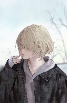 1boy absurdres black_jacket blonde_hair blue_eyes freckles freminet_(genshin_impact) genshin_impact hair_over_one_eye hand_up highres jacket male_focus pers_thepenguin short_hair solo