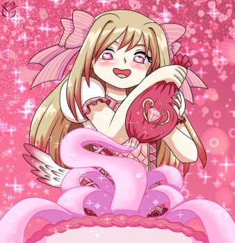 Rule 34 | 1girl, benit149, blush, cake, chaos marie (grimms notes), food, grimms notes, hair intakes, hair ribbon, long hair, pink background, pink ribbon, ribbon, smile, solo, tongue, upper body, wings