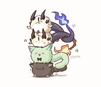 &gt;_&lt; ahoge arknights blush_stickers chinese_commentary commentary_request dragon_bubble_(arknights) fire flame-tipped_tail harmonie_(arknights) highres horns intertwined_tails mandragora_(arknights) necrass_(arknights) no_humans ppxdq reed_(arknights) siblings simple_background sisters tail twitter_username white_background