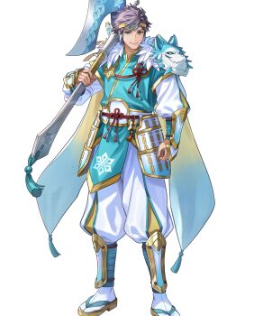 1boy aqua_eyes axe cape fire_emblem fire_emblem_heroes green_hair highres holding holding_axe hrid_(fire_emblem) hrid_(ninja)_(fire_emblem) japanese_clothes maid_headdress mask mask_on_shoulder ninja nintendo non-web_source official_alternate_costume official_art sandals solo tabi