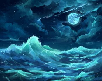 absurdres blue_theme cloud commentary commentary_request english_commentary full_moon highres mixed-language_commentary moon night night_sky no_humans ocean original painterly port_(portzzz) procreate_(medium) scenery sky star_(sky) starry_sky waves