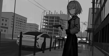 1girl absurdres building car city closed_mouth day dress dutch_angle expressionless feet_out_of_frame from_side greyscale gun handgun highres holding holding_gun holding_weapon ikonu_(lavender_quartz) jacket lavender_quartz lavender_quartz:_kyoukai_hyoudou long_sleeves looking_at_viewer looking_to_the_side makarov_pm monochrome motor_vehicle open_clothes open_jacket orval outdoors power_lines reloading road scaffolding short_hair solo standing street urban weapon