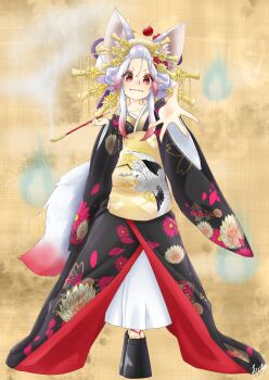 1girl animal_ear_fluff animal_ears animal_print bird_print blue_fire commentary_request eyeshadow fangs fire floral_print floral_print_kimono full_body gradient_hair gradient_tail hair_between_eyes hair_ornament highres japanese_clothes kimono looking_at_viewer makeup multicolored_hair okobo original outstretched_arm platform_clogs platform_sandals print_kimono red_eyes red_eyeshadow red_hair red_tail sandals signature solo standing takatun223 toes white_hair white_tail wide_sleeves