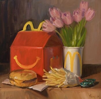 artist_name bread_bun burger cheese commentary cup disposable_cup english_commentary fast_food flower food food_focus french_fries happy_meal mcdonald's no_humans noah_verrier original pink_flower still_life toy_car