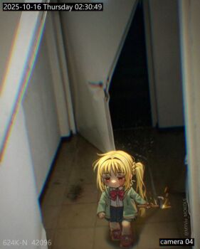 1girl ahoge artist_name axe blonde_hair blood blood_on_face blush bocchi_the_rock! bow bowtie braid broken_door brown_hoodie brown_shoes camera_feed chibi chromatic_aberration commentary dated dragging drawstring english_commentary english_text expressionless film_grain from_above full_body hair_ornament holding holding_axe hood hood_down hoodie ijichi_nijika indoors jacket long_hair long_sleeves myvia_mokols one_side_up open_clothes open_hoodie photo_background polka_dot polka_dot_bow polka_dot_bowtie red_bow red_eyes school_uniform shimokitazawa_high_school_uniform shirt shoes side_ponytail side_ponytail_with_braided_base skirt socks sparks stairs tile_floor tiles timestamp walking white_shirt white_socks