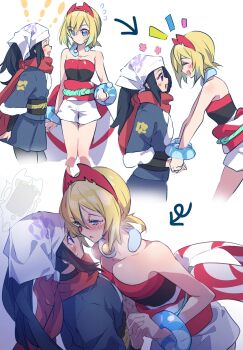 2girls akari_(pokemon) arrow_(symbol) asymmetrical_docking bangle bare_shoulders black_hair blonde_hair blue_eyes blue_kimono blush bracelet breast_press breasts breath cleavage closed_eyes eye_contact flying_sweatdrops hairband hanaozi_hin headscarf highres holding_hands interlocked_fingers irida_(pokemon) japanese_clothes jewelry kimono long_hair looking_at_another medium_breasts multiple_girls multiple_views nintendo obi open_mouth pokemon pokemon_legends:_arceus sash scarf sequential shirt short_hair short_kimono shorts small_breasts smile strapless strapless_shirt sweatdrop white_headscarf white_shorts yuri