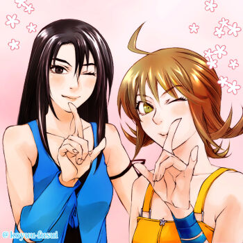 2girls ahoge arm_ribbon bare_shoulders black_eyes black_hair black_ribbon black_shirt blue_cardigan blue_sleeves breasts brown_hair cardigan closed_mouth commentary_request d-maker detached_sleeves final_fantasy final_fantasy_viii green_eyes hair_between_eyes long_hair medium_breasts multiple_girls one_eye_closed overalls pink_background pointing pointing_up ribbon rinoa_heartilly selphie_tilmitt shirt short_hair sleeveless sleeveless_shirt smile twitter_username upper_body wristband yellow_overalls