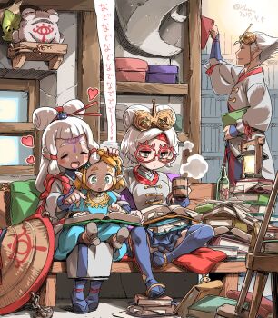1boy 3girls armor artist_name blue_dress blue_nails blue_pants blue_thighhighs book bookshelf bottle box braid breasts child closed_eyes closed_mouth commentary couch crown_braid cup dated dress facial_mark forehead_mark glasses goggles goggles_on_head green_eyes hair_ornament hair_stick hairclip happy hat headband headpat highres holding holding_book holding_cup hyrule_warriors:_age_of_calamity impa indoors isedaichi_ken jacket japanese_armor jingasa korok kote lantern leaf long_hair medium_breasts messy multiple_girls nail_polish nintendo on_couch open_book open_mouth pants pile_of_books pointing pointy_ears princess_zelda purah reading red-framed_eyewear red_headband red_nails ring_sidelocks robbie_(zelda) round_eyewear sheikah short_hair siblings sisters sitting smile standing statue swept_bangs tankard the_legend_of_zelda the_legend_of_zelda:_breath_of_the_wild thighhighs translated twitter_username unworn_hat unworn_headwear updo white_hair white_jacket window
