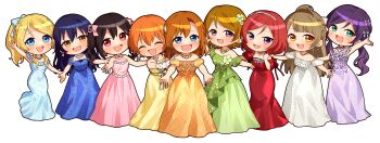 Rule 34 | absurdres, alternate hairstyle, aqua eyes, arm up, ayase eli, bare shoulders, bead necklace, beads, black hair, blonde hair, blue dress, blue eyes, blue hair, bow, breasts, brown hair, chibi, closed eyes, commentary request, dress, earrings, flower, green dress, hair bow, hair down, hair flower, hair ornament, highres, hoshizora rin, jewelry, koizumi hanayo, kosaka honoka, long dress, long hair, love live!, love live! school idol project, low twintails, medium breasts, minami kotori, necklace, nishikino maki, off-shoulder dress, off shoulder, open mouth, orange eyes, orange hair, outstretched arm, outstretched arms, pink dress, ponytail, purple eyes, purple hair, red dress, red hair, short hair, smile, sonoda umi, strapless, strapless dress, tohyama shage, tojo nozomi, twintails, two side up, waving, white dress, white hair, yazawa nico