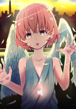 1boy against_glass angel_wings cityscape earrings eyebrows_hidden_by_hair feathers hand_on_glass hands_against_glass head_tilt heart heart-shaped_pupils highres jewelry looking_at_viewer male_focus nori_(norinorirrr) open_mouth orange_hair original sleeveless solo sunset symbol-shaped_pupils tagme wings