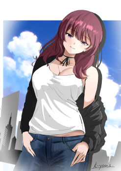 1girl alternate_costume black_jacket blue_sky breasts choker cityscape cleavage cloud commentary_request cowboy_shot denim hair_down highres jacket jeans k-yous large_breasts light_smile long_hair long_sleeves looking_at_viewer midriff_peek mole mole_under_eye natsuki_karin off_shoulder pants purple_eyes ribbon_choker single_bare_shoulder sky solo synthesizer_v tank_top white_tank_top