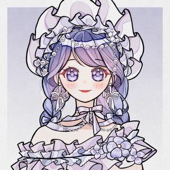 Rule 34 | 1girl, bead necklace, beads, blush stickers, border, bow, bow choker, bowtie, braid, brooch, chinese commentary, choker, closed mouth, commentary request, dress, eyelashes, flower, flower brooch, frilled dress, frilled headwear, frilled sleeves, frills, grey border, hair beads, hair ornament, happy, hat, heartward hues (infinity nikki), highres, infinity nikki, jewelry, lipstick, long hair, low twin braids, makeup, neck ribbon, necklace, nikki (series), off-shoulder dress, off shoulder, outside border, purple background, purple bow, purple bowtie, purple choker, purple dress, purple eyes, purple flower, purple hair, purple hat, red lips, ribbon, ribbon earrings, shanfengzhu, short sleeves, smile, solo, swept bangs, tareme, twin braids, upper body, white ribbon