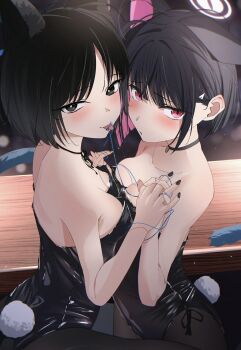 2girls alternate_costume animal_ears bare_shoulders black_choker black_hair black_leotard black_nails black_pantyhose blue_archive blush breasts cat_choker cat_ears cat_girl cat_tail choker cleavage closed_mouth colored_inner_animal_ears colored_inner_hair extra_ears fake_tail grey_eyes hair_between_eyes highres holding holding_hands holding_string kazu_(kauk3753) kazusa_(blue_archive) kikyou_(blue_archive) kittysuit large_breasts leotard looking_at_viewer medium_hair multicolored_hair multiple_girls multiple_tails nontraditional_playboy_bunny pantyhose pink_eyes playboy_bunny rabbit_tail sidelocks string string_in_mouth tail tongue tongue_out two-tone_hair two_tails