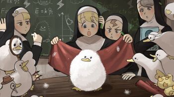 4girls :o baby_animal bird blonde_hair blue_eyes book brown_eyes brown_hair chalk chalkboard chicken chili_pepper clumsy_nun_(diva) commentary diva_(hyxpk) doodle drawing duck duckling english_commentary english_text equation feathers fedora fluffy food food_on_head froggy_nun_(diva) goggles graph grey_eyes grey_hair habit hand_on_another's_head hat highres holding holding_book holding_chalk holding_towel hugging_book hugging_object leaf leaf_nun_(diva) leaf_on_head little_nuns_(diva) looking_back magnifying_glass monocle mouth_hold multiple_girls nun object_on_head open_mouth physics slice_of_life spicy_nun_(diva) spread_wings star_(symbol) static_electricity sticker surprised table towel traditional_nun triangle_mouth upside-down_book yellow_eyes