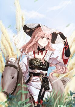 Rule 34 | 1girl, absurdres, animal, arm ribbon, arm warmers, belt, belt bag, black arm warmers, black bag, black belt, black collar, black hat, black vest, blue sky, bracelet, brown eyes, cat, chinese clothes, chinese commentary, closed mouth, clothed animal, collar, collarbone, commentary request, cowboy shot, dated, day, detached collar, eyelashes, gold bracelet, grass, haiyang liuhuo, hand on headwear, hanfu, happy, hat, highres, horseback riding, infinity nikki, jewelry, lips, long hair, long sleeves, looking to the side, mandarin collar, momo (nikki), neck tassel, nikki (nikki), nikki (series), outdoors, pink hair, red ribbon, reins, ribbon, riding, signature, single sidelock, sky, smile, summer stroll (infinity nikki), tassel, veil, very long hair, vest, wheat, white cat, white hanfu, white veil, wide sleeves