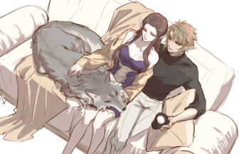 1boy 1girl bare_shoulders black_shirt blanket blonde_hair blue_eyes breasts brown_cardigan brown_hair cardigan cardigan_partially_removed cleavage closed_mouth couch couple cup dress feet_out_of_frame from_above green_eyes grey_pants hair_between_eyes hetero highres holding holding_cup kurokawa_karasu link long_hair medium_breasts nintendo pants parted_bangs parted_lips pointy_ears princess_zelda purple_dress shirt short_hair sidelocks sitting sketch sleeveless sleeveless_dress smile the_legend_of_zelda the_legend_of_zelda:_twilight_princess turtleneck wolf wolf_link