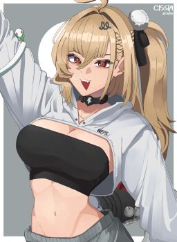 Rule 34 | 1girl, ahoge, alternate costume, arm up, black tube top, blonde hair, breasts, capkal, chalky (zenless zone zero), character name, cissia (zenless zone zero), cleavage, collar, collarbone, commentary, crop top, grey background, grey pants, hair between eyes, hair ornament, hairclip, highres, large breasts, long hair, looking at viewer, midriff, navel, open mouth, pants, pom pom (clothes), pom pom hair ornament, red eyes, shrug (clothing), snake, snake girl, snake tail, strapless, tail, tube top, white shrug, white snake, zenless zone zero