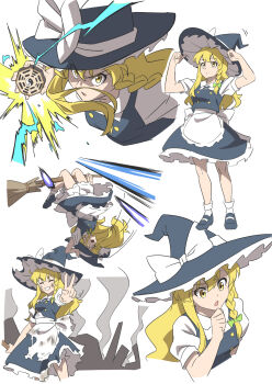 Rule 34 | 1girl, :o, apron, black shoes, black skirt, black vest, blonde hair, braid, broom, broom riding, commentary request, danmaku, expressionless, frills, full body, grin, gyouza (mhea5724), hair ribbon, hands on headwear, hat, highres, kirisame marisa, legs, long hair, mini-hakkero, open mouth, parted lips, ribbon, shirt, shoes, skirt, smile, socks, thighs, torn clothes, touhou, upper body, v, variations, vest, white background, white shirt, white socks, witch hat, yellow eyes
