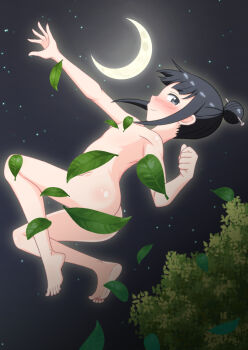 1girl blush censored completely_nude convenient_censoring female_focus full_body highres ninja kunoichi_tsubaki_no_mune_no_uchi loli looking_at_viewer mokuren_(kunoichi_tsubaki_no_mune_no_uchi) nude outdoors profile shuriken smile solo weapon