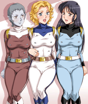 Rule 34 | 1980s (style), 3girls, belt, blue bodysuit, bodysuit, brown bodysuit, cinda, covering breasts, covering privates, female focus, ginger (kikou kantai dairugger xv), kaga haruka, kikou kantai dairugger xv, lisa (kikou kantai dairugger xv), long hair, multiple girls, oldschool, retro artstyle, short hair, sitting, smile, urushihara satoshi, white bodysuit