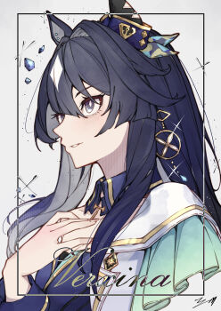 1girl absurdres animal_ears asymmetrical_clothes asymmetrical_jacket blue_dress blue_eyes blue_hair blush breasts commentary_request dress ear_covers hair_between_eyes highres horse_ears horse_girl jacket long_hair multicolored_hair parted_lips shikahisa_totani single_ear_cover smile solo umamusume upper_body verxina_(le_beau_sommet)_(umamusume) verxina_(umamusume)