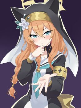 1girl animal_ear_headwear animal_ears aqua_neckerchief black_dress black_veil blue_archive blue_eyes blush braid cat_ears cat_girl chinese_commentary closed_mouth commentary cowboy_shot dress fake_animal_ears fingernails flower frilled_sleeves frills frown hair_between_eyes halo hands_up hat hat_flower hat_ornament highres leaf_hat_ornament long_hair long_sleeves looking_at_viewer low-braided_long_hair low-tied_long_hair mari_(blue_archive) neckerchief nun orange_hair outstretched_hand puffy_long_sleeves puffy_sleeves purple_background reaching reaching_towards_viewer sailor_collar school_uniform serafuku sidelocks simple_background solo split_mouth tsurime two-tone_dress v-shaped_eyebrows veil very_long_hair white_dress white_flower white_sailor_collar yellow_halo zq15850716285