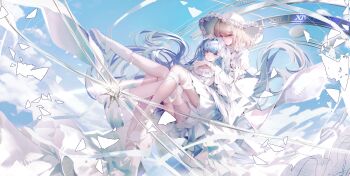 2girls absurdres bang_dream! bang_dream!_it&#039;s_mygo!!!!! blue_hair boots dress frilled_hat frills hair_between_eyes hairband hat highres hug juliet_sleeves long_hair long_sleeves misumi_uika multiple_girls puffy_sleeves purple_eyes togawa_sakiko very_long_hair white_boots white_dress white_hairband white_hat xiongshouji yuri