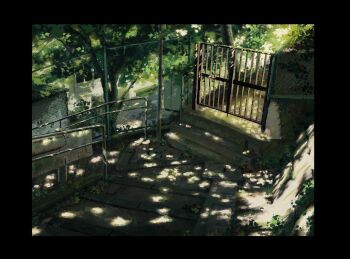 awoi_(awoiro7) bench chain-link_fence concrete dappled_sunlight fence green_theme hut iron_fence no_humans original railing scenery shadow stairs sunlight tree