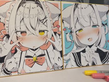 Rule 34 | 2girls, animal ear fluff, animal ears, bell, bikini, blue background, blue bow, blue eyes, blunt bangs, blush, border, bow, bowtie, character request, commentary request, crossed bangs, detached collar, detached sleeves, double v, ears down, fang, fidgeting, frilled headwear, frilled sleeves, frills, frown, hair intakes, hair ornament, half-closed eyes, heart, heterochromia, highres, jingle bell, komugi-chan (komugi), komugi (2212), long hair, looking at viewer, maid, maid bikini, marker (medium), micro bikini, millipen (medium), multiple girls, neck bell, nose blush, original, outside border, own hands together, pen (medium), photo (medium), portrait, puffy short sleeves, puffy sleeves, raised eyebrows, red background, red bikini, red bow, red bowtie, red eyes, sailor collar, school uniform, serafuku, short hair, short sleeves, skin fang, striped bikini, striped clothes, sweat, swimsuit, traditional media, two side up, unconventional maid, v, white border, white hair, x hair ornament, yellow eyes