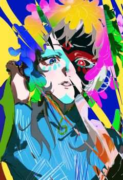 1other 333takoyaki absurdres blue_dress blue_eyes commentary_request dress eyelashes facepaint facial_mark feathers forehead_mark gnosia grey_hair heterochromia highres long_sleeves looking_at_viewer makeup other_focus parted_lips raqio red_eyes simple_background solo upper_body wide_sleeves