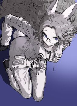 1girl absurdres animal_ears aotsuki_eito bietielianxiexiea black_gloves breast_pocket breasts chinese_commentary commentary_request glasses gloves grey_hair highres jacket kemonomimi_mode kneeling large_breasts long_hair looking_at_viewer looking_over_eyewear pants pocket purple_background purple_eyes rabbit_ears rabbit_girl rabbit_tail simple_background solo tail the_hundred_line_-last_defense_academy- very_long_hair white_jacket white_pants