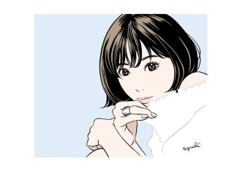 1girl aqua_background aqua_nails bare_shoulders brown_eyes brown_hair closed_mouth eguchi_hisashi eyelashes hands_up highres jewelry lips looking_at_viewer nose original pink_lips ring short_hair signature simple_background solo thick_lips