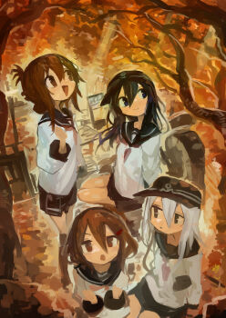 4girls absurdres akatsuki_(kancolle) autumn black_hair black_sailor_collar black_skirt brown_eyes commentary_request flat_cap folded_ponytail hair_ornament hairclip hat hibiki_(kancolle) highres ikazuchi_(kancolle) inazuma_(kancolle) kaamin_(mariarose753) kantai_collection long_hair multiple_girls neckerchief open_mouth outdoors pleated_skirt red_neckerchief sailor_collar school_uniform serafuku sitting skirt standing tree white_hat