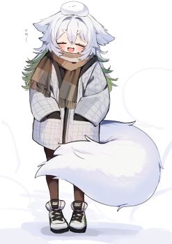 1girl animal_ears black_pantyhose coat commentary_request creature creature_on_head double-parted_bangs droopy_ears fang full_body green_hair hair_between_eyes hands_in_pockets highres large_tail light_blush moti_yousei multicolored_hair open_mouth original pantyhose scarf shoes short_eyebrows skin_fang smile sneakers solo standing tail thick_eyebrows two-tone_hair white_background white_coat white_hair white_shoes