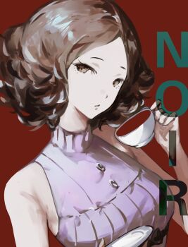 1girl bare_shoulders breasts brown_eyes brown_hair character_name commentary_request cup hand_up highres holding holding_cup holding_plate k1kiwa looking_at_viewer okumura_haru parted_lips persona persona_5 pink_shirt plate portrait red_background shirt short_hair simple_background sleeveless sleeveless_shirt solo teacup turtleneck turtleneck_shirt wavy_hair