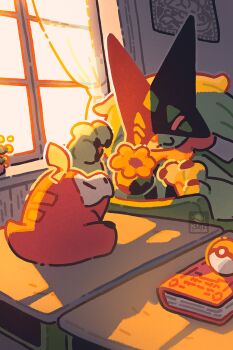 :3 animal_hands animal_nose black_fur body_fur book classroom claws closed_eyes crocodilian curtains desk floating floating_object fuecoco green_fur highres magic meowscarada nintendo no_humans on_desk pawpads petite_echorizon poke_ball poke_ball_(basic) pokemon pokemon_(creature) pokemon_focus school_desk sitting smile two-tone_fur window