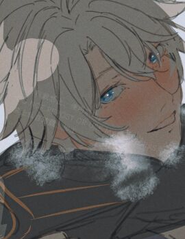 1boy black_scarf blue_eyes blush breath honkai:_star_rail honkai_(series) male_focus phainon_(honkai:_star_rail) portrait scarf smile solo teeth upper_body watermark white_background white_hair y9iii1