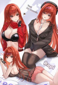 1girl absurdres beret between_breasts black_camisole black_gloves black_hat black_jacket breasts brown_thighhighs camisole cellphone character_name cleavage closed_mouth commentary_request dolphin_shorts english_text gloves goddess_of_victory:_nikke hair_between_eyes hair_intakes hat highres holding holding_phone jacket long_hair long_sleeves medium_breasts multiple_views nail_polish necktie necktie_between_breasts phone pink_shorts rapi_(nikke) rapi_(red_hood)_(nikke) red_eyes red_hair red_nails see-through_clothes short_shorts shorts sideboob skindentation sleeves_past_wrists star_(symbol) sunameri_(pixiv3564245) thighhighs very_long_hair white_necktie yes