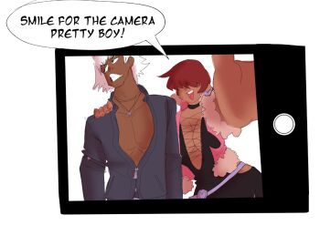 1girl 1shermieaday badly_tagged_upload breasts camera cleavage cleavage_cutout clothing_cutout coat curvy dark-skinned_female dark_skin dress female_focus fishnets fluffy hand_up heart jacket k k&#039; k&#039;_(kof) large_breasts long_hair open_mouth red_hair shermie_(kof) smile tan the_king_of_fighters wide_hips