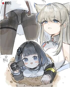 2girls absurdres arknights arknights:_endfield black_eyes black_hair black_jacket black_pantyhose blue_eyes camcorder camera closed_mouth commentary_request dress endministrator_(arknights) female_endministrator_(arknights) hakoniwashinshi highres holding holding_camera jacket long_hair long_sleeves looking_down multiple_girls panties panties_under_pantyhose pantyhose perlica_(arknights) recording short_hair signature thighband_pantyhose underwear upskirt video_camera viewfinder white_dress