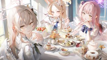 absurdres angel_wings animal_ear_fluff animal_ears bird black_neckerchief blonde_hair blue_archive brown_eyes brown_hair cake capelet commentary cross_halo cup dalla_(888_dalae) ear_wreath feathered_wings flower food fox_ears fox_girl hair_bun hair_flower hair_ornament halo highres looking_at_another looking_at_viewer low_wings mika_(blue_archive) nagisa_(blue_archive) neckerchief pink_hair pink_halo seia_(blue_archive) single_side_bun sweets swiss_roll tea_party_(blue_archive) teacup tit_(bird) white_capelet white_wings wings yellow_eyes yellow_halo