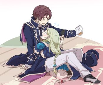 Rule 34 | 1boy, 1girl, atelier (series), atelier lulua, blue coat, braid, brown hair, circlet, closed eyes, coat, commentary request, cup, drunk, ficus finis, full body, green eyes, green hair, grey pants, hat, holding, holding cup, hug, karasumi (aiseec), long hair, long sleeves, looking at another, on floor, open mouth, pants, piana (atelier), rug, shoes, short hair, sitting, smile, unworn hat, unworn headwear